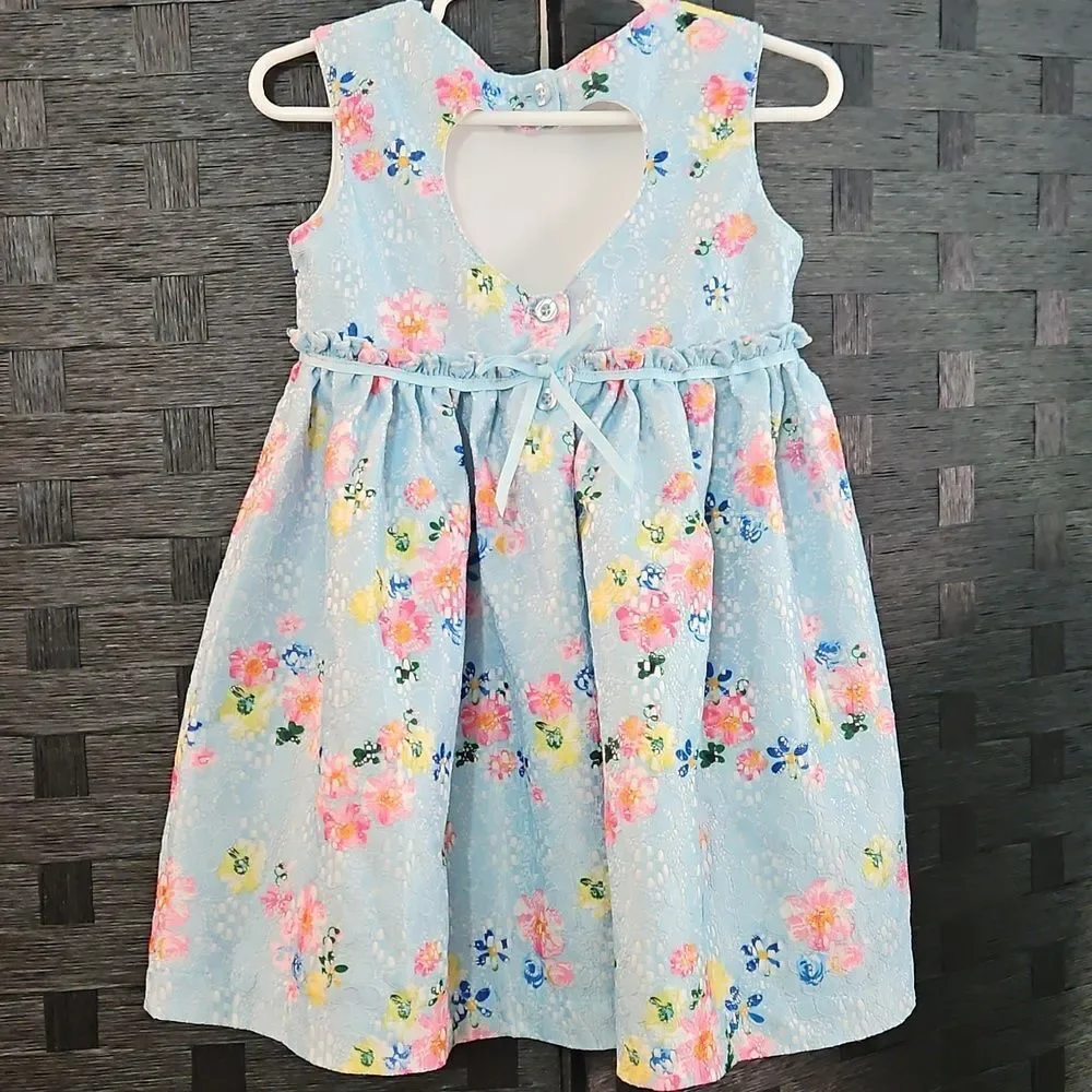 Blueberi Boulevard Blue Floral Lace Dress - Ribbon Bow - Size 3T - Back Cutout
